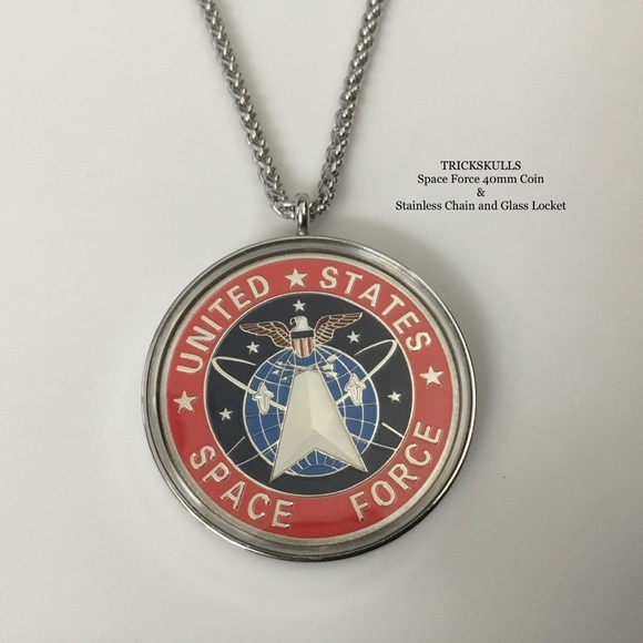Space Force Enamel Coin in Stainless and Glass Locket & Custom Wheat Link Chain - Picture 9 of 10